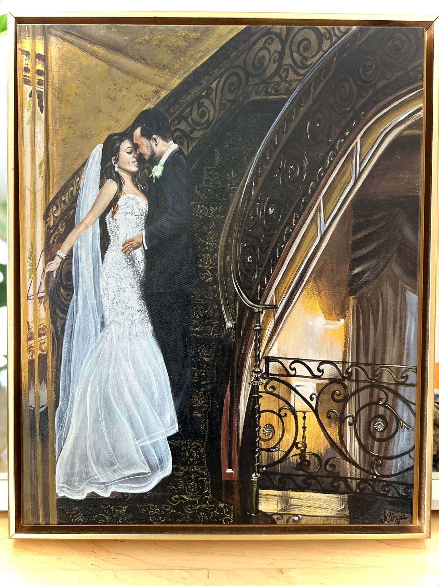 A live wedding painting in progress at a Madison, WI ceremony