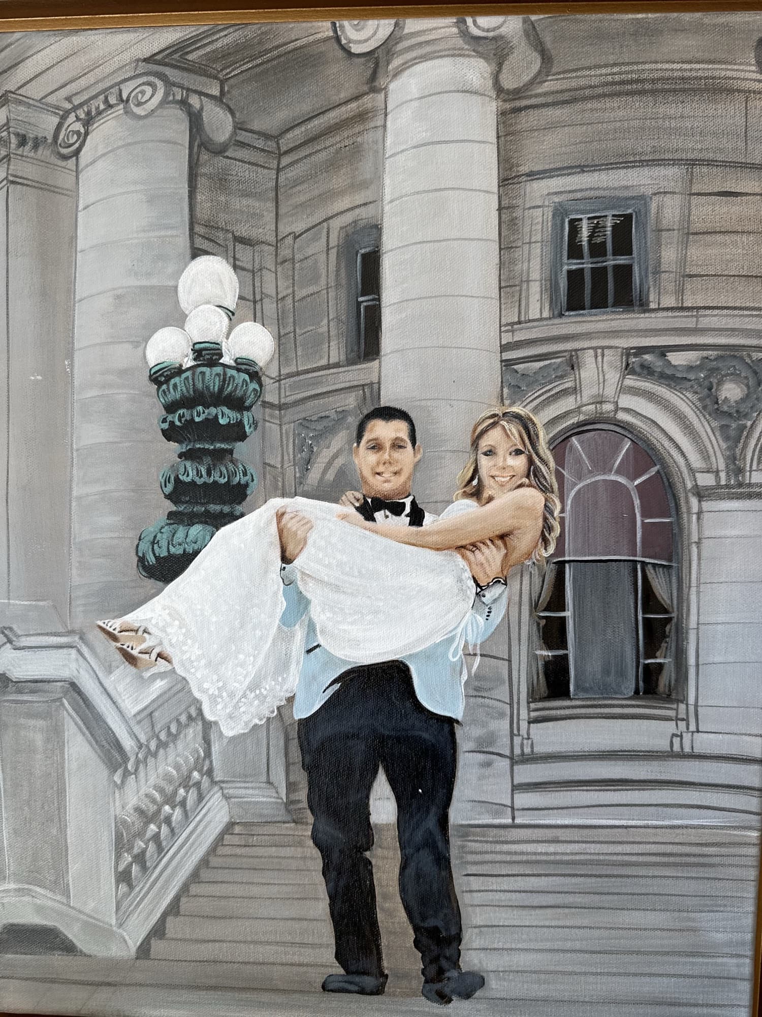 Unframed view of the Wisconsin State Capitol wedding painting, showing the columns, lamp post, and arched window backdrop