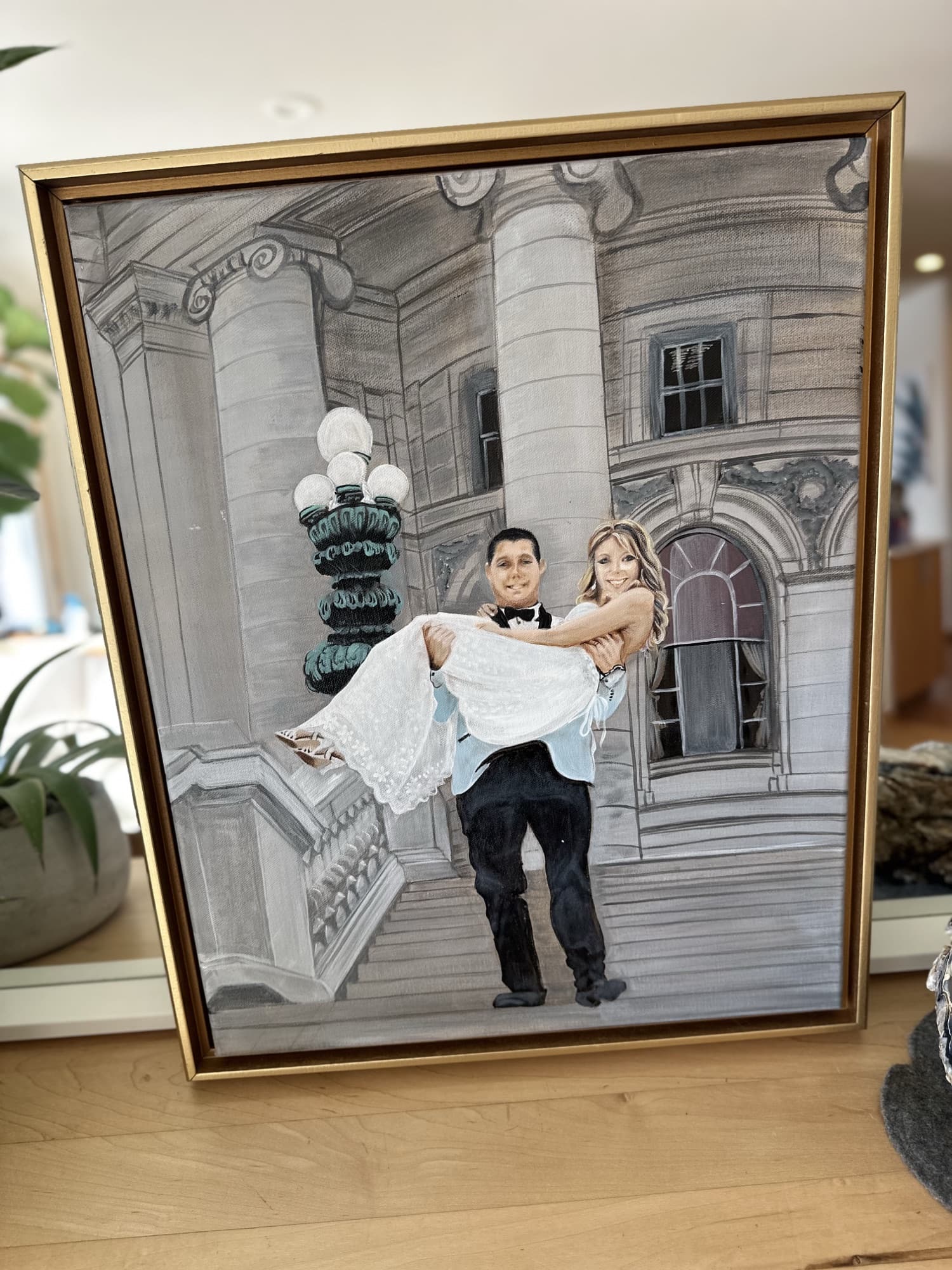 Capitol steps wedding painting, framed and shown straight-on in natural daylight