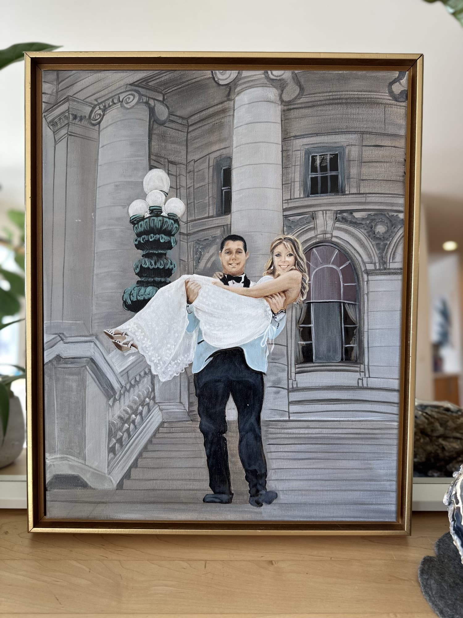Capitol steps wedding painting, framed and lit from the side