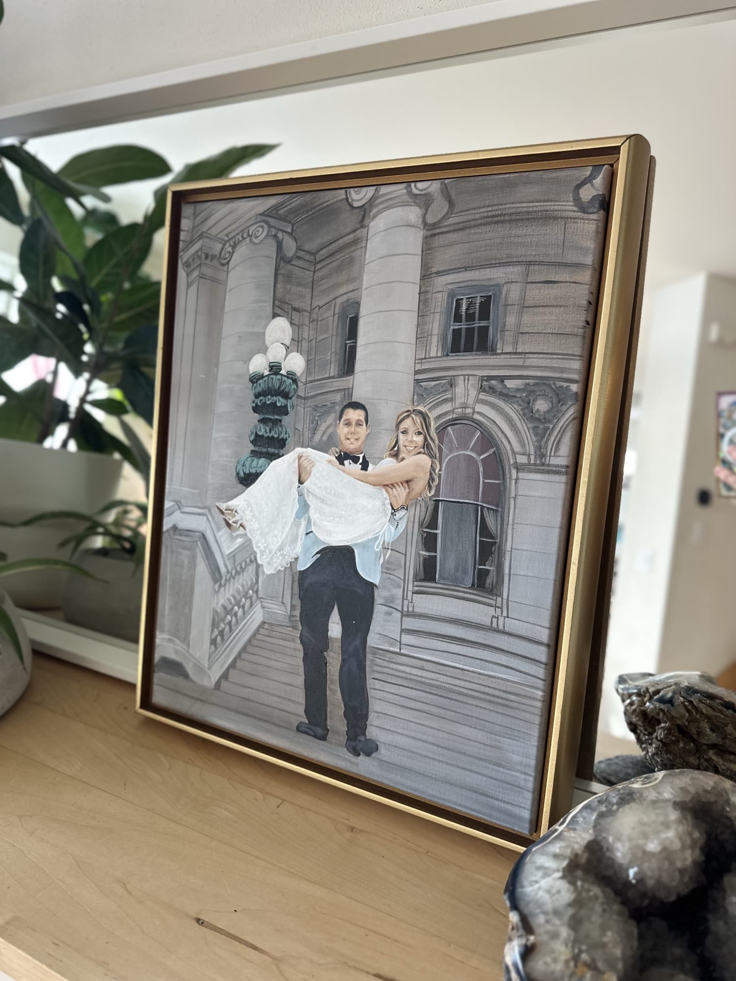 Three-quarter angled view of the Capitol steps wedding painting, showing the gold floater frame depth