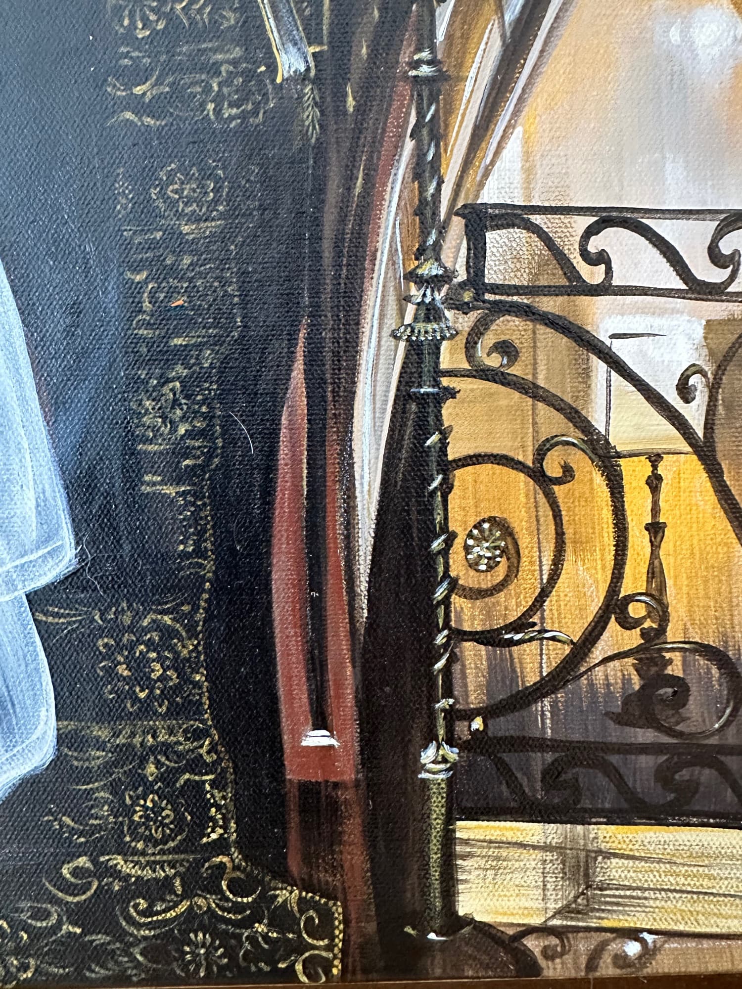 Painting detail showing the gold damask wall pattern and the upper section of the wrought-iron stair